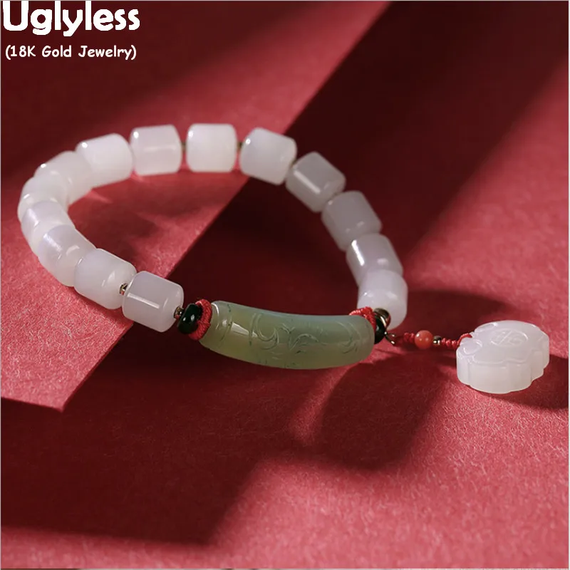 Uglyless Mysterious Eastern Jade Lotus Charms Bracelets for Women 18K Gold Accessories AU750 Stamp Elastic Rope Beading Gemstone