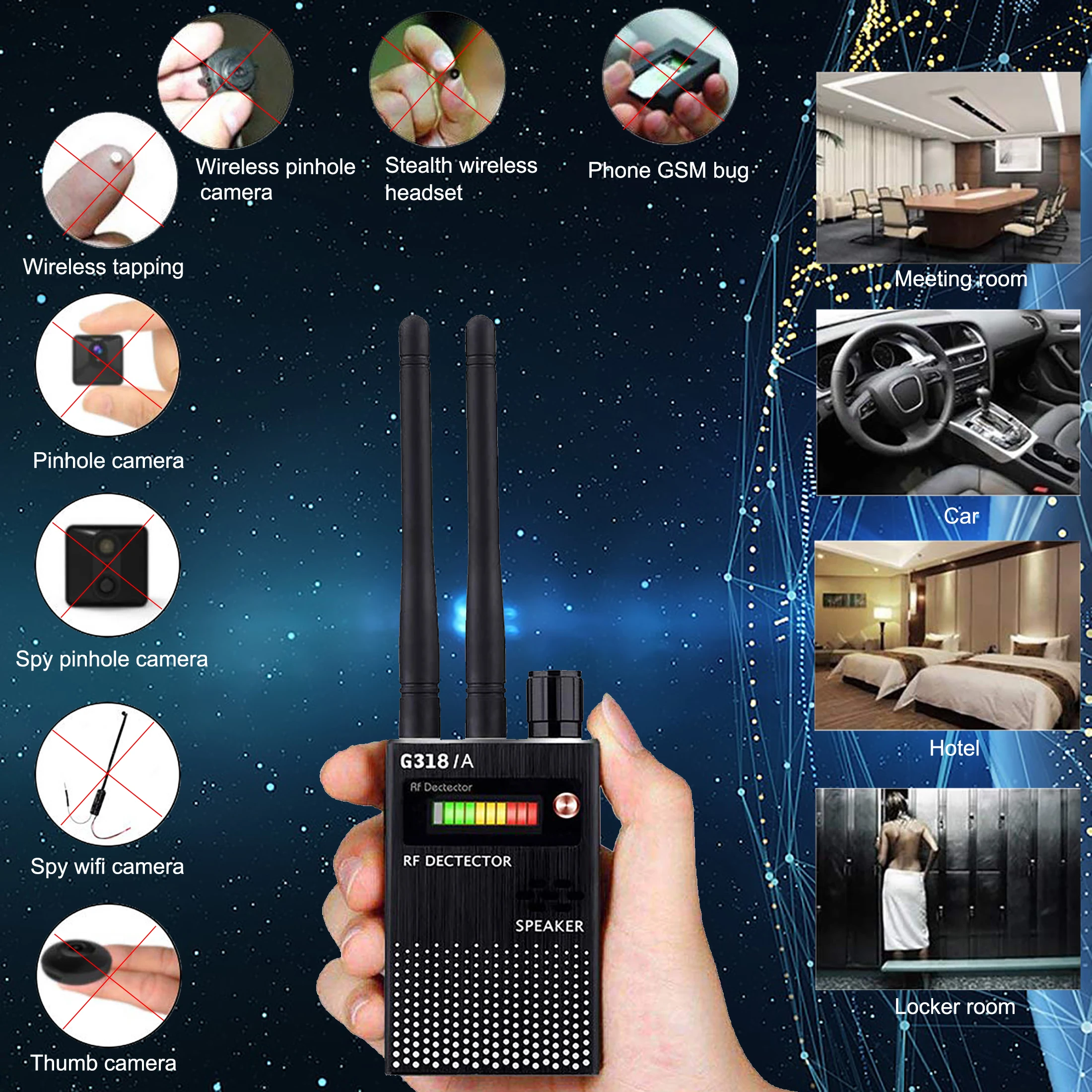 

Anti-Spy Wireless RF Signal Automatic Detector Bug GPS Tracker Finder Frequency RF GSM Audio Device Detects Security Alarm 318A