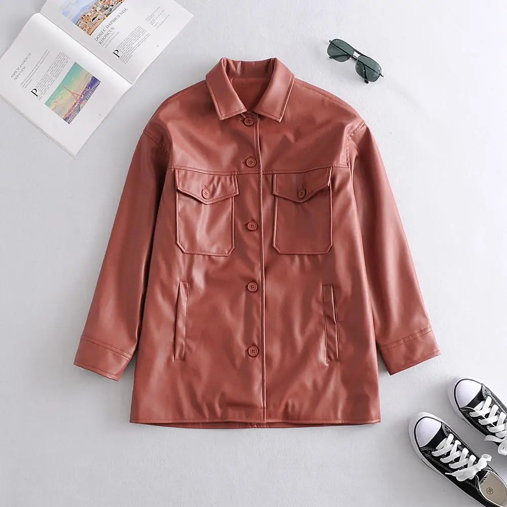 Women PU Faux Leather Shirt Jacket Long Sleeve Brand Streetwear Coat Turn Down Collar Loose Outerwear Coats Pockets Female Tops