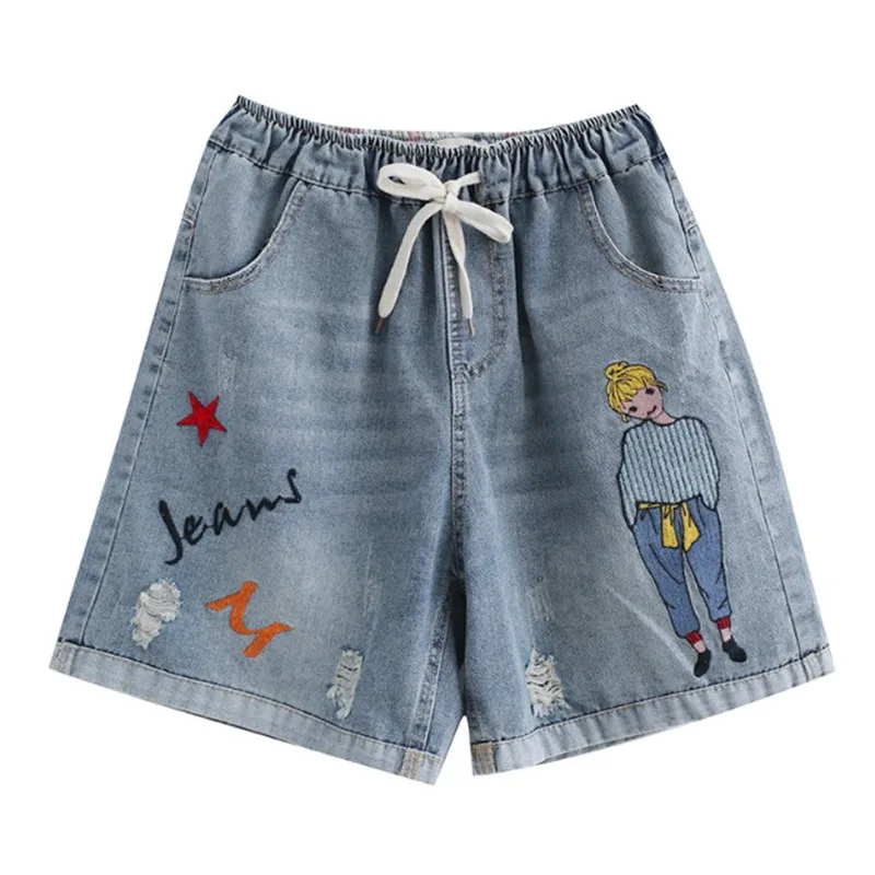 2022 New Plum-Size Denim Shorts For Children Retro Ripped EmbroiDered Casual Wide-Leg Trousers For Women With High Waist