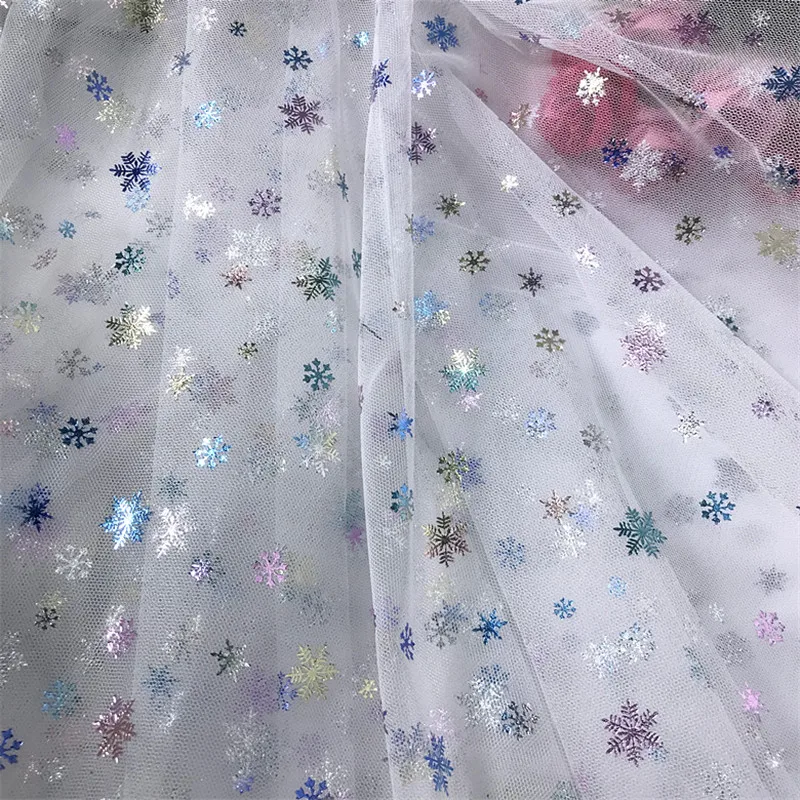 Print Colorful Snowflake Tulle lace fabric No stretch For DIY wedding dress Baby  Christmas festival Cosplay Dress By 1 yard