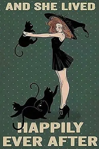 

Witch and Black Cat Metal Sign,and She Lived Happily Ever After,Wall Decor for Home Bar Restaurant Cafe Pub Outdoor 8x12 Inch