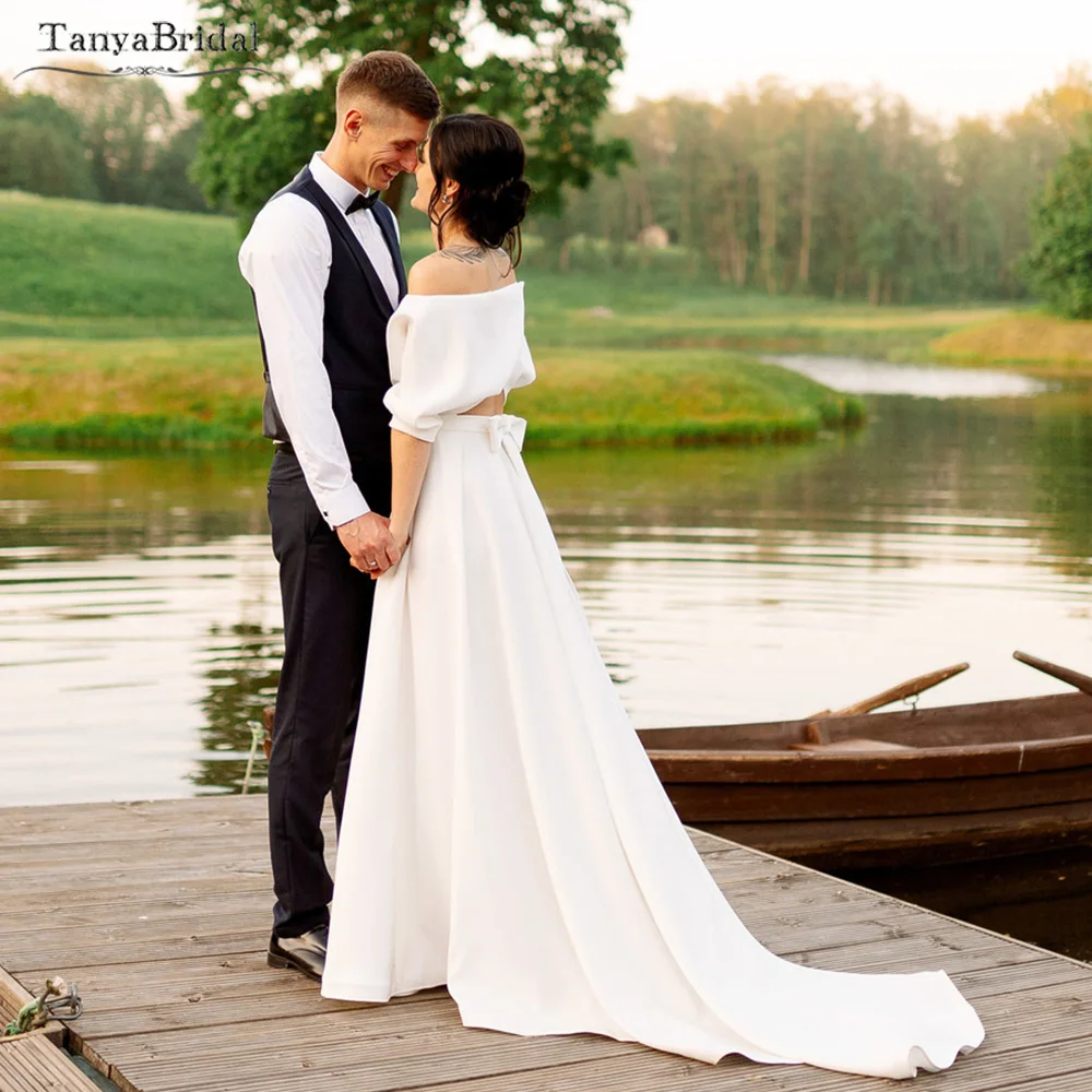 Suknie ślubne w nowoczesnym stylu z dekoltem łódkowym, linia A, długość do podłogi, oszałamiające satynowe suknie ślubne, suknia wieczorowa w stylu boho DW477