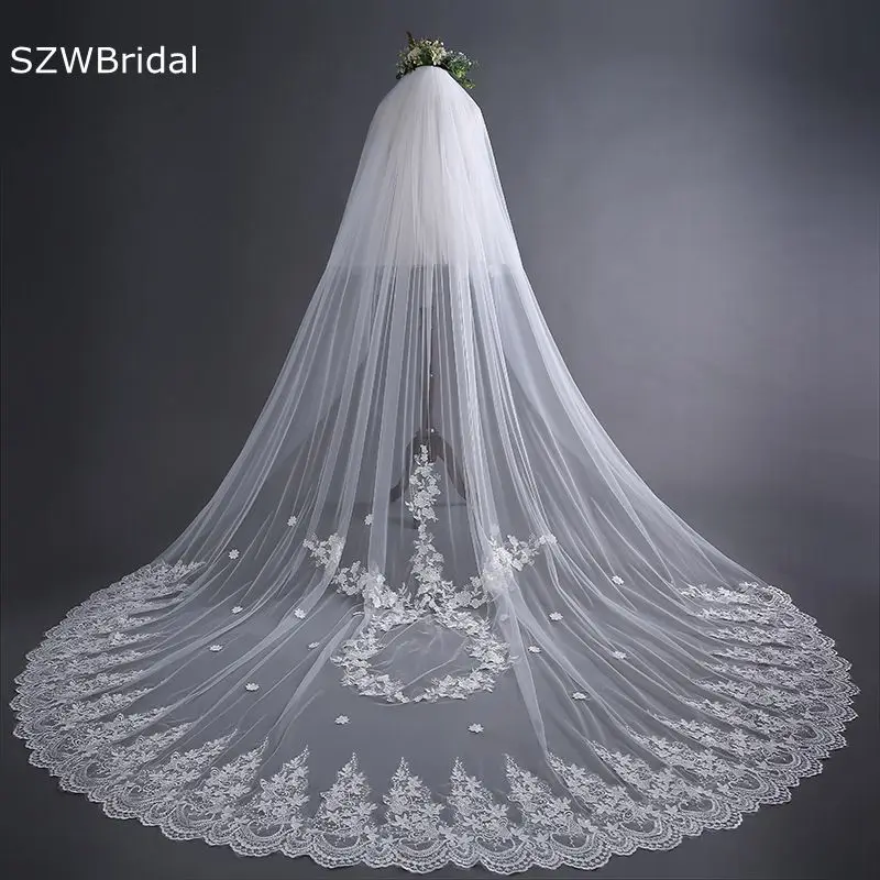 New Arrival Ivory Wedding veils Two layer Lace Applique Cathedral Bridal veil Veu de noiva Voile mariage Wedding accessories