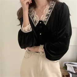 Alien Kitty Soft Velvet Lace Women Shirts New Full Sleeve Retro 2021 Elegant Casual Office Lady Streetwear Patchwork Gentle Tops