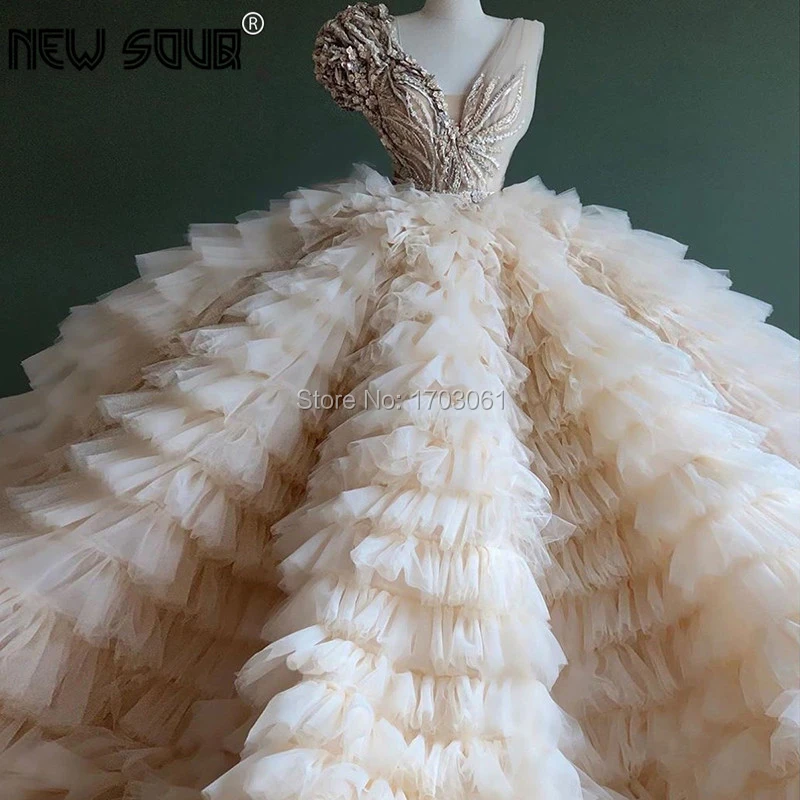 Chic Ontwerp Puffy Beige Ruches Avondjurken 2020 Aibye Dubai Bloem Applicaties Kralen Party Jurk Prom Dress Robe De Soiree nieuwe