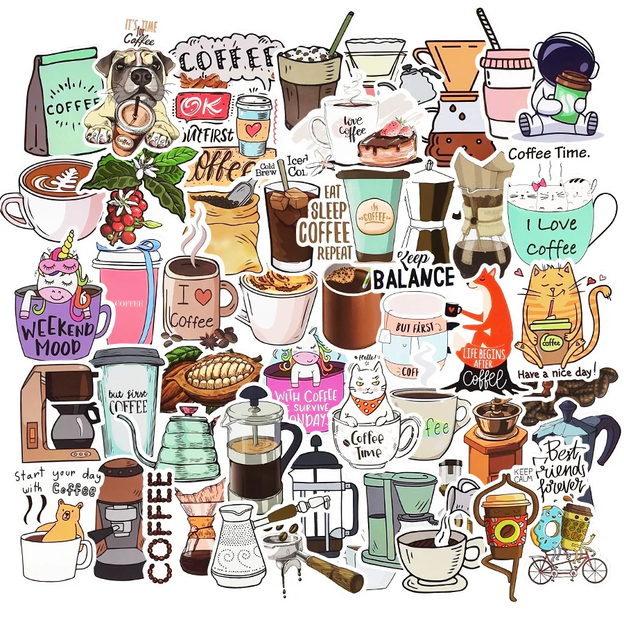 50 PCS Cute Stickers Coffee Cartoon Waterproof Laptop Sticker Pack  DIY Guitar Skateboard Luggage Bicycle Phone Decals Kids Toys