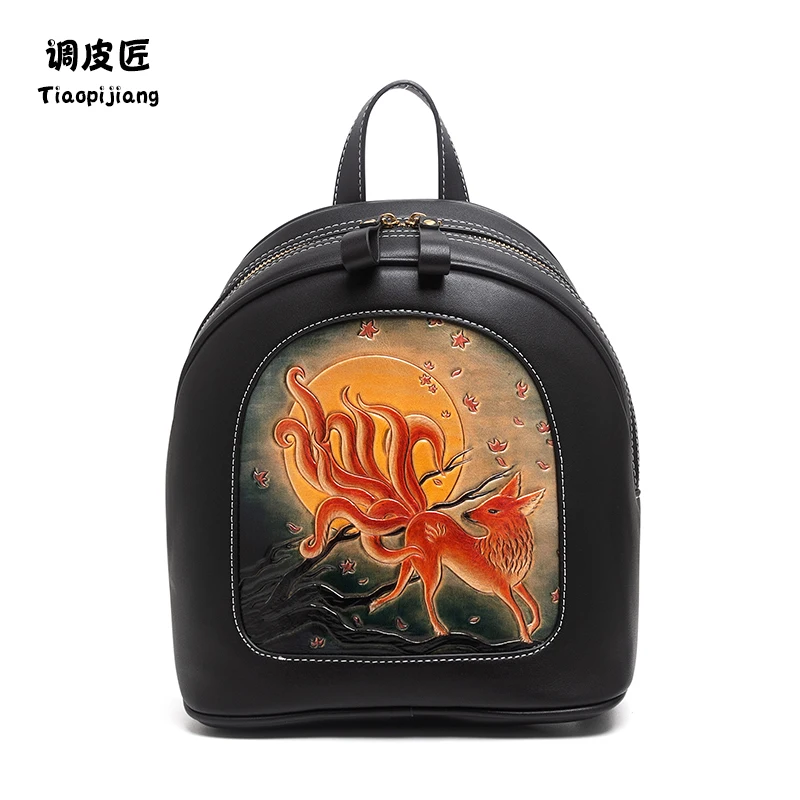 ★craftsman backpack women's small 2021 new leather fashion travel bag niche design large capacity leather carving bag