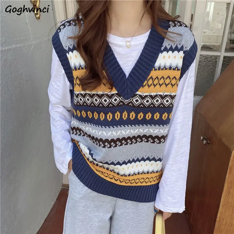 Sweater Vest Women V-neck Knitted All-match Elegant Pattern Retro Vintage Sweaters Mujer Sleeveless Top Ethnic Style New Arrival