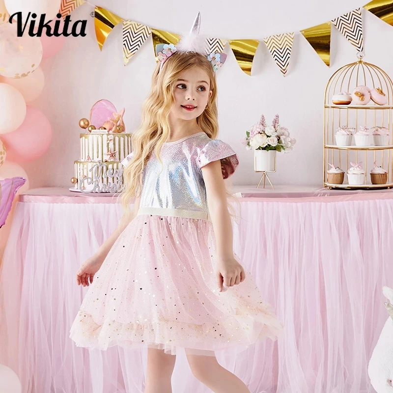 

VIKITA Kids Princess Dress for Girls Elegant Pageant Wedding Party Birthday Dress Shiny Sequins Dress for Girl Summer Dresses