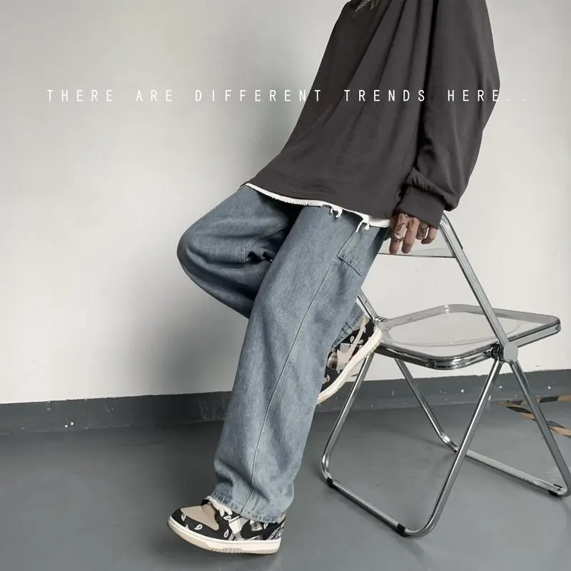 ICCLEK High Street American Jeans Retro Washed Jeans Men's Loose Wide-leg Straight-leg Pants Spring and Autumn Casual Pants