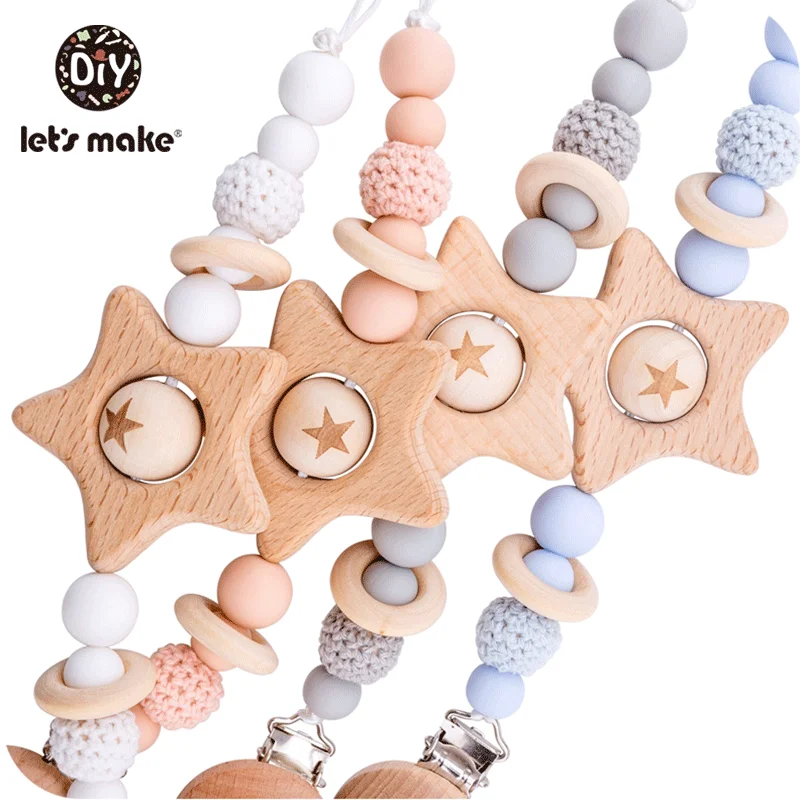 Let\'s Make 1PC Pacifier Chain Baby Teether Beech Star Wooden Clip Geometric Crochet Beads Pacifier Clip Chain Kids Tiny Rod Toys