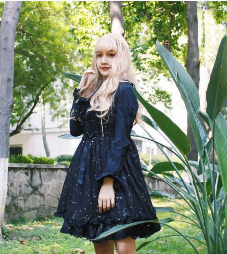 Japanse Zoete Lolita Band Jurk Vintage Hoge Taille Leuke Printing Star Victoriaanse Jurk Kawaii Meisje Gothic Lolita Cos Loli