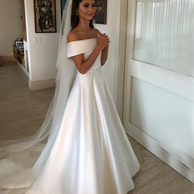 Customized Simple A Line Wedding Dresses Satin Off The Shoulder Wedding Bridal Gowns Casual Dresses Zipper With Buttons Back