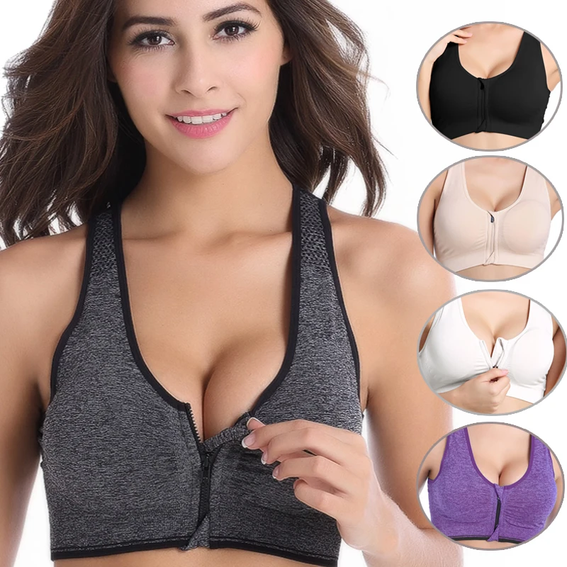 VEQKING Front Zipper Women Sports Bras,Breathable Wirefree Padded Push Up Sports Top,Fitness Gym Yoga Workout Bra Sports Bra Top