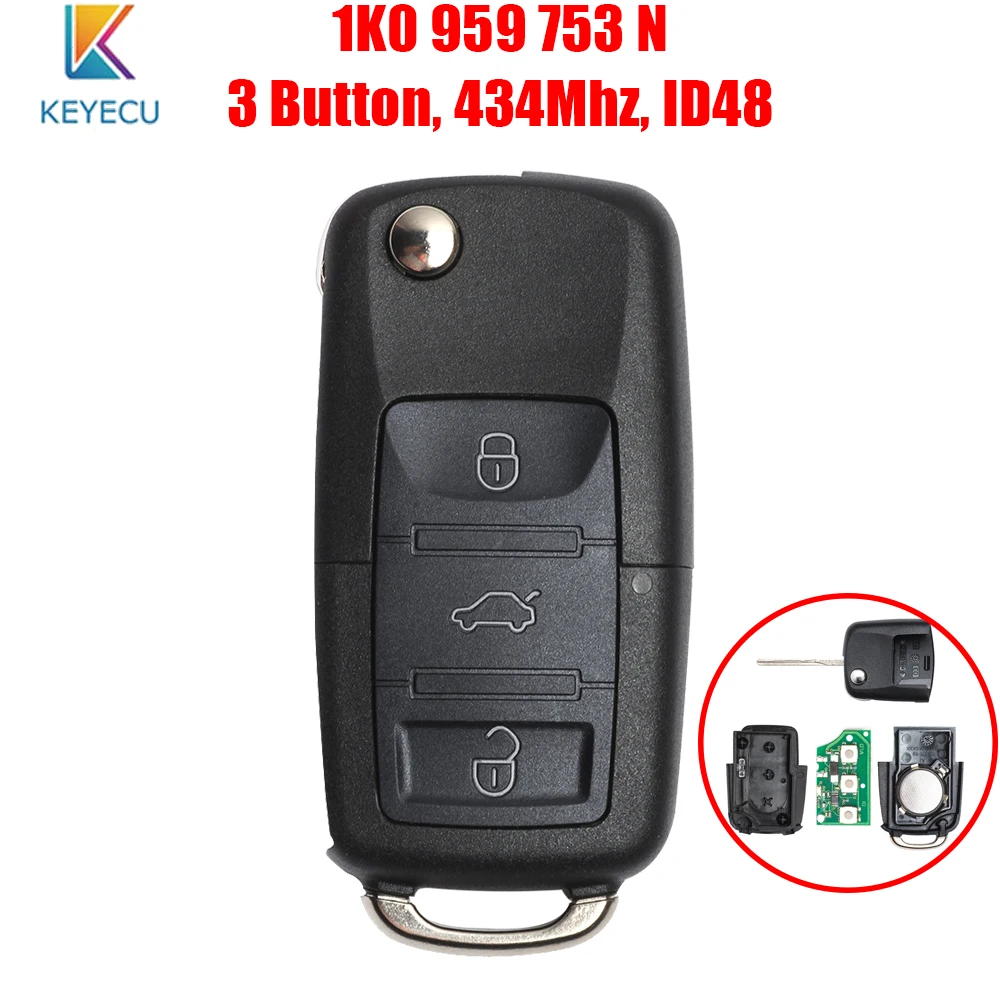 Keyecu 1K0 959 753 N Car Remote Key for SEAT Altea Ibiza Leon Toledo 2005 2006 2007 2008 2009 2010 2011 1K0959753N 5FA009263-11