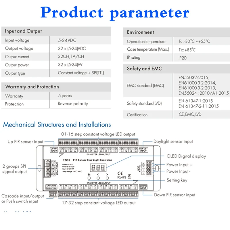 Imagem -02 - Sensor Pir Multifuncional para Escada 32ch Controle de Luz Led com Detecção de Dia para 5v 12v 24v Ws2811 Ws2812 2801 5050