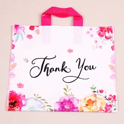 New Design Thank You Plastic Shopping Bags with Flowers Valentines Mariage Gift Packaging with Handels 10pcs 29x35cm