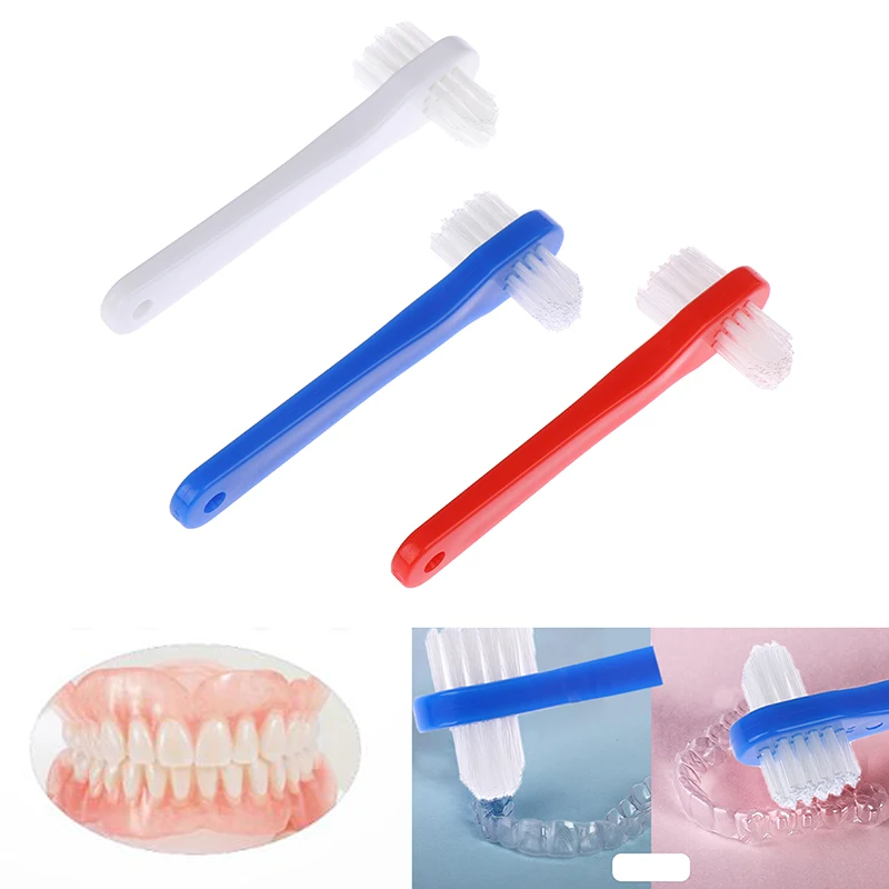 

1 PCS Dual Heads False Teeth Brushes Gum Cleaner T-shape Denture Dedicated Toothbrush For Men Women Blue White Color