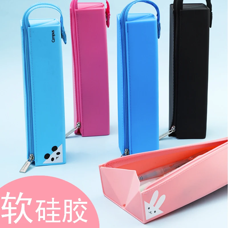 Waterproof Silicone School Pencil Case Cute Rabbit Panda Cartoon Square Stationery Storage Box Zipper Pencil Pouch