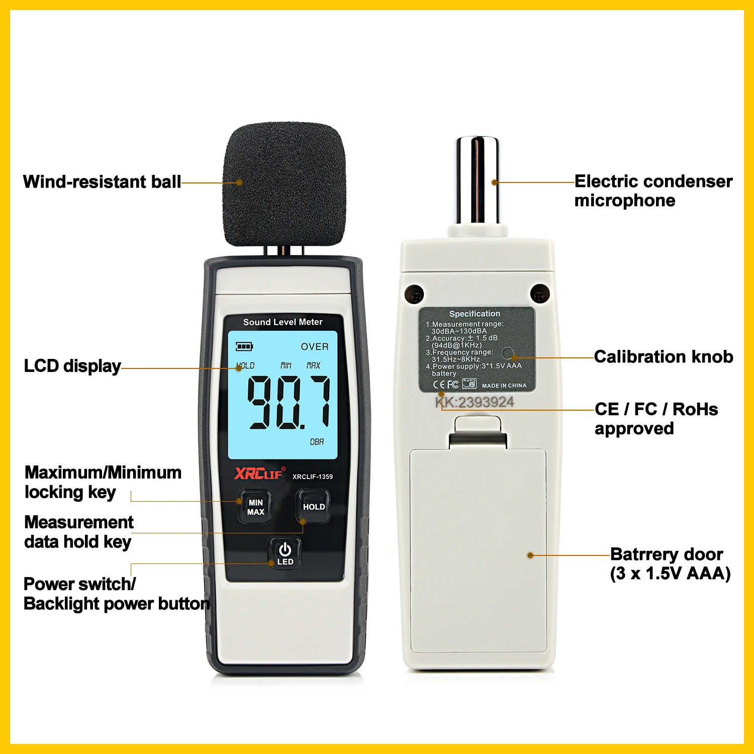 XRCLIF Sound Level Meter Digital DB Level Meter Audio Monitor 30-130dB Decibelimeter Noise Meter