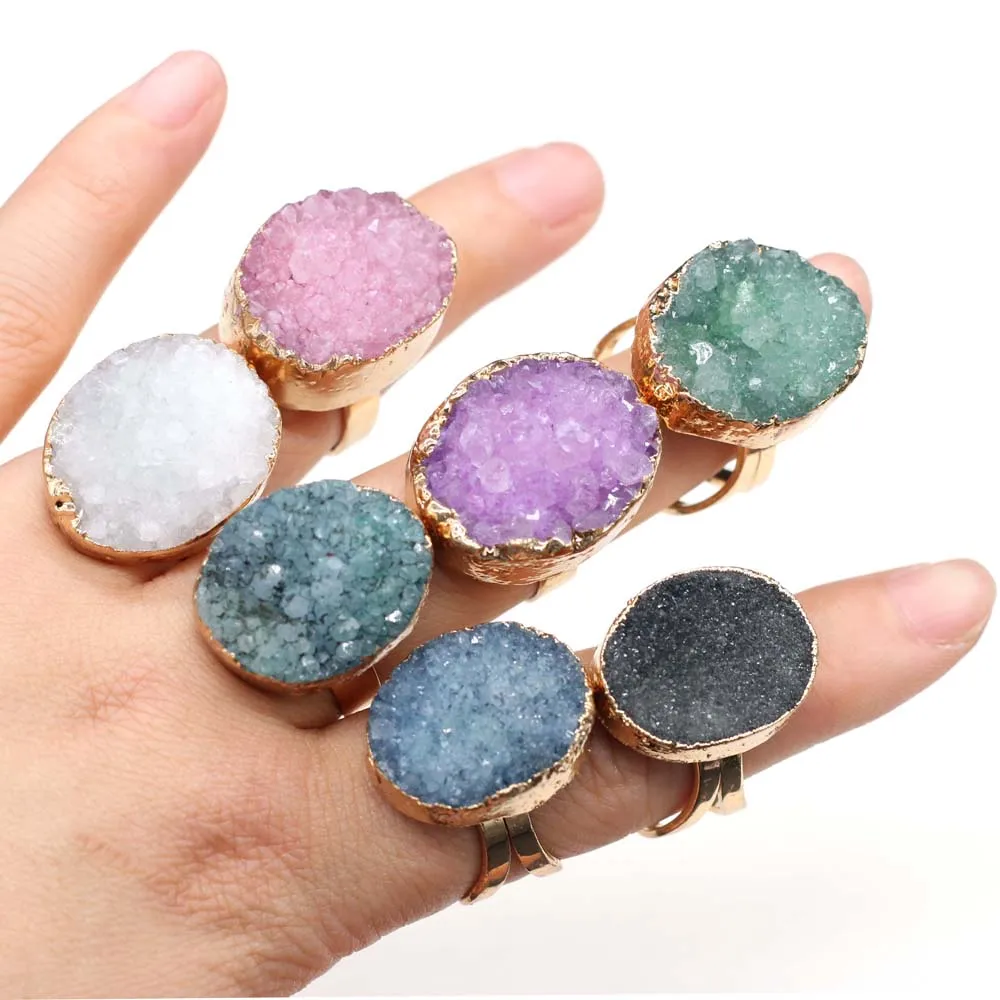 Natural Druzy Agates Rings Diamon-Studded Open Finger Rings Irregular Charm Rings for Women Men Party Wedding Jewelry