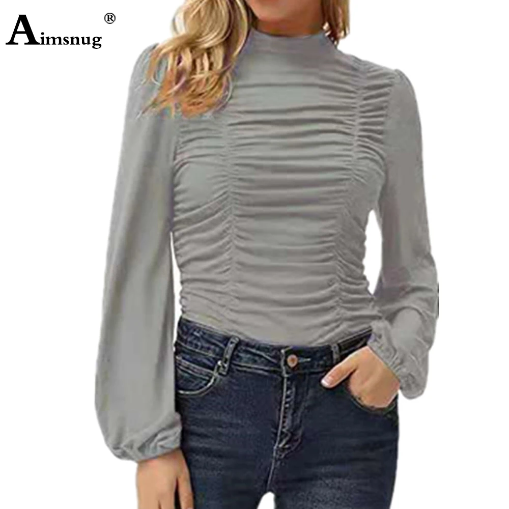 Manga longa feminina elegante moda shirring camiseta oversize roupas superiores femininas 2021 outono magro ruched camisetas camisa de gola alta