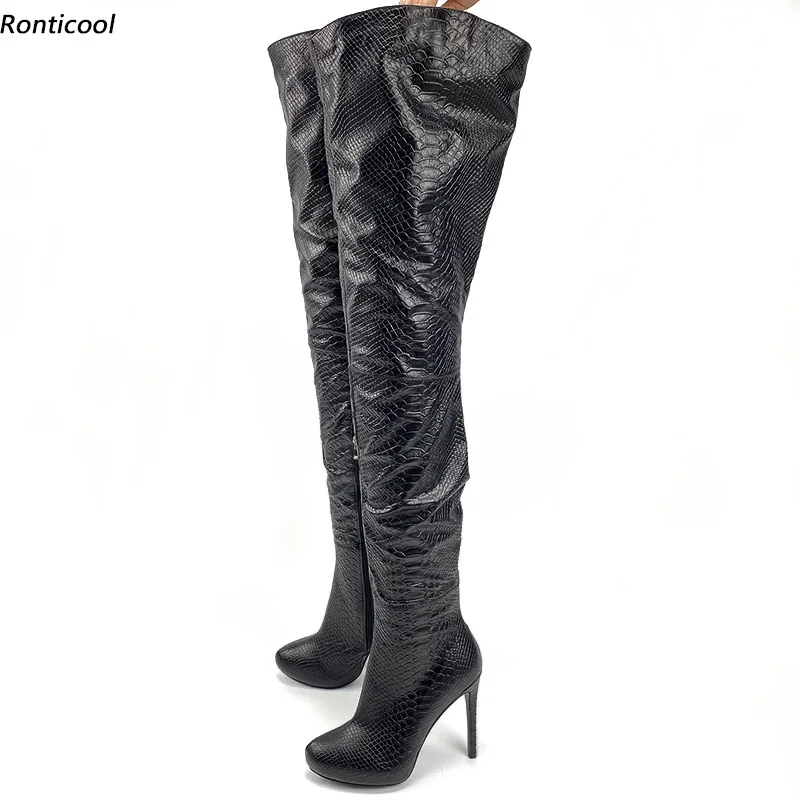 Ronticool Women Winter Platform Thigh Boots Snake Side Zipper Stiletto Heels Round Toe Black Night Club Shoes Women Us Size 5-20