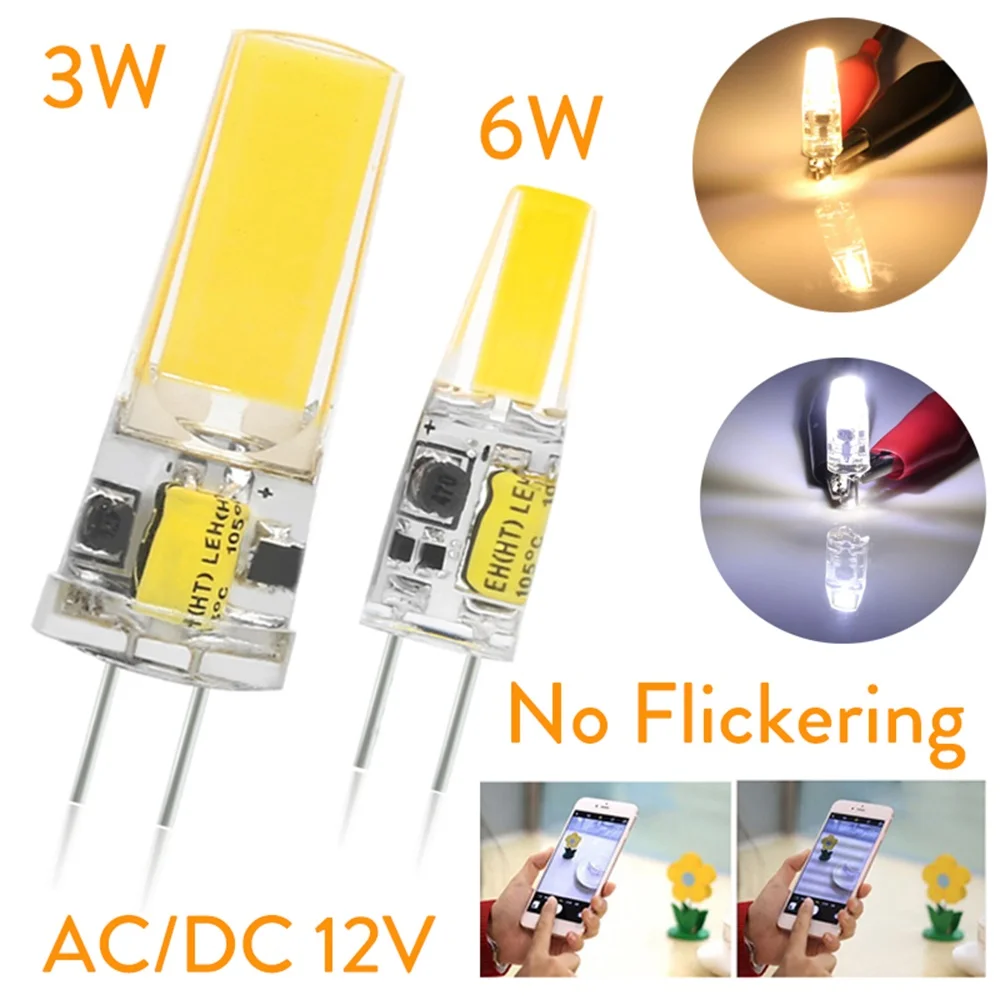 3W 6W G4 LED COB No Strobe Flickering Light Bulbs Replace Halogen 30W 60W Ultra Bright Chandelier Lamps DC 12V Cool/ Warm White