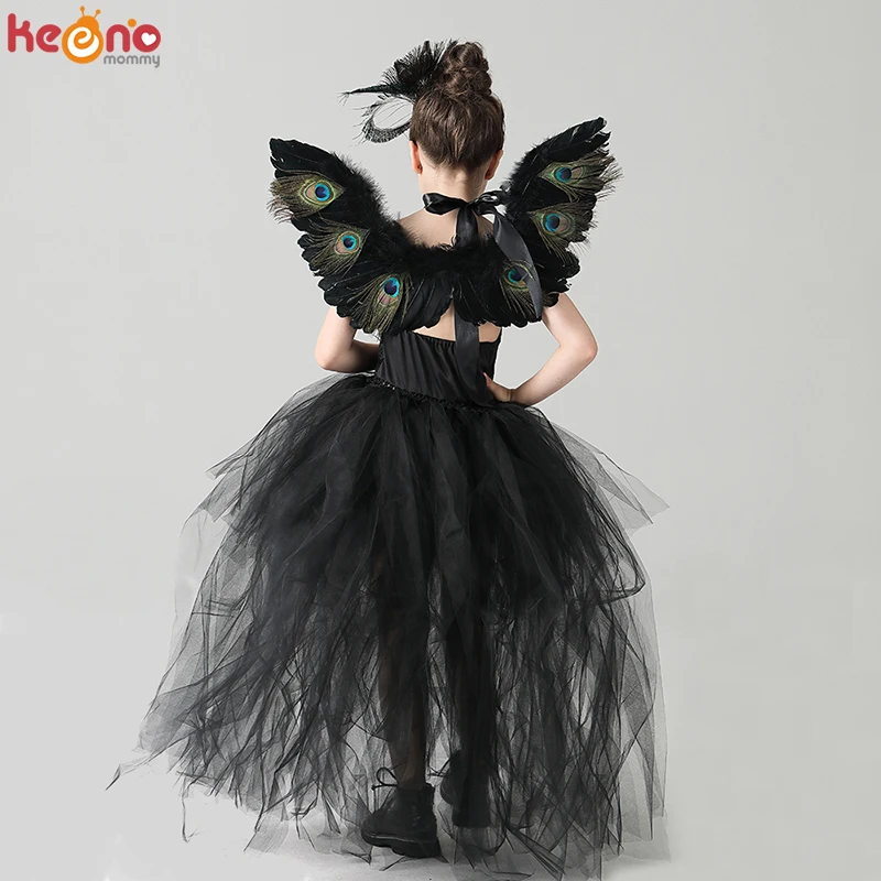 Fancy Peacock Feather Girl Pageant Tutu Dress with Wing Kids Deluxe Peacock Tutu Costume Dress Evening Party Halloween Clothes