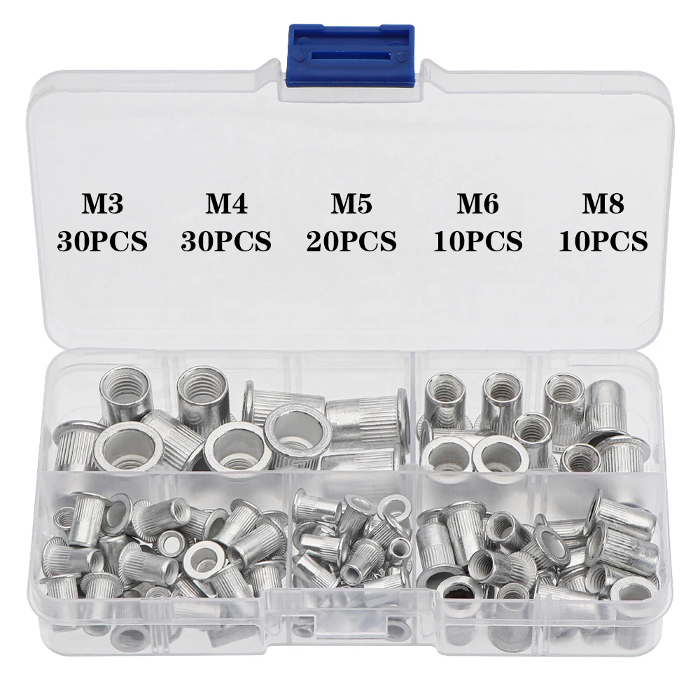 95/100Pcs M3 M4 M5 M6 M8 M10 Rivet Nuts Aluminum Flat Head Rivet Nuts Insert Rivets Mix Size  Premium Automatic Rivet Tool Set