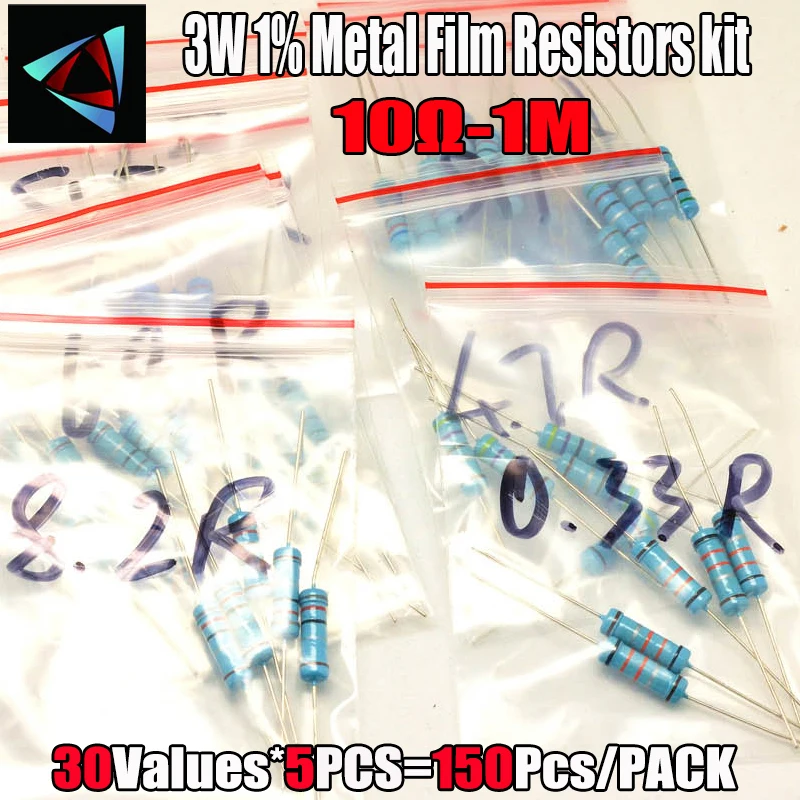 3W 1% 10R-1M Ohm DIP METAL Film Resistor,30ValuesX5Pcs=150Pcs Assorted Kit, Sample Bag