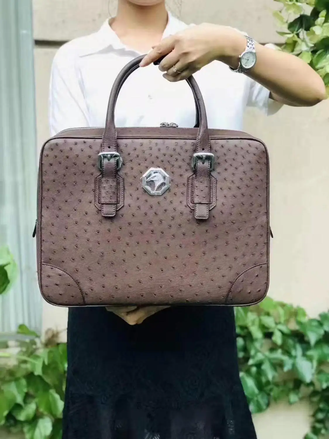 Luxe Kwaliteit High-End Echte Echte Struisvogelhuid Mannen Zakelijke Aktetas Laptoptas Tas Zwarte Koffie Bruine Koe Huid Voering