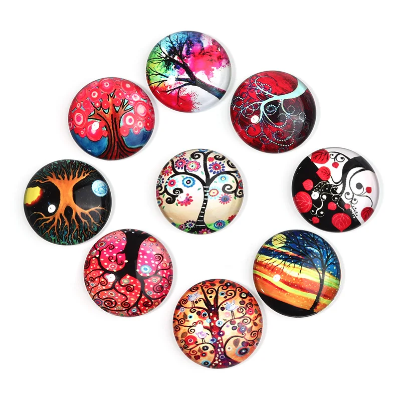 10pcs Watercolor Tree Interface 10/12/14/18/20/25mm Round Blank Flatback Glass Cabochon For DIY Jewelry Making Accessories