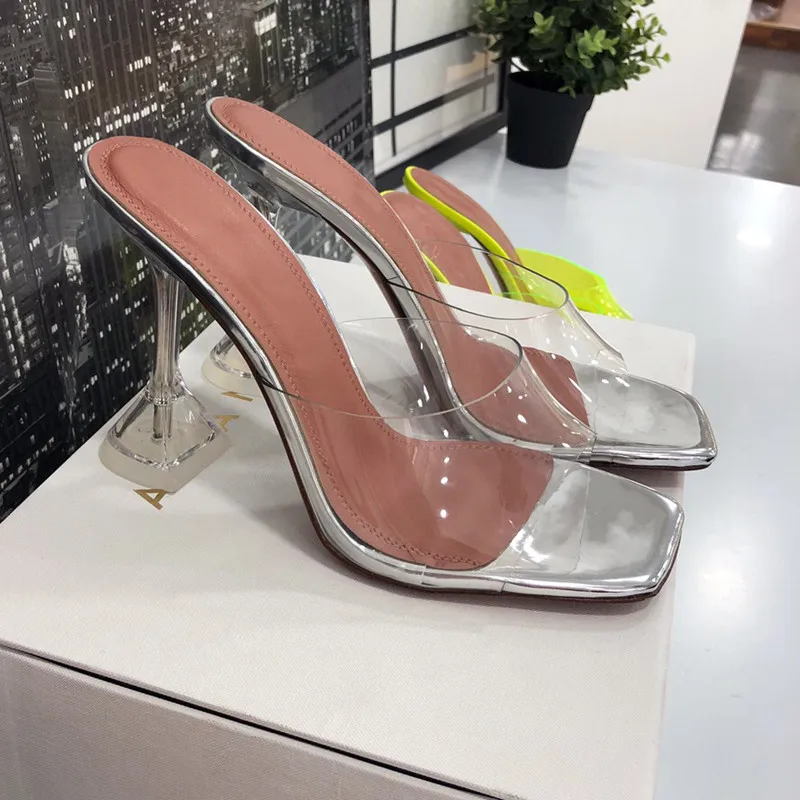 2023 Star style Transparent PVC Crystal Clear Heeled Women Slippers Fashion High heels Female Mules Slides Summer Sandals Shoes