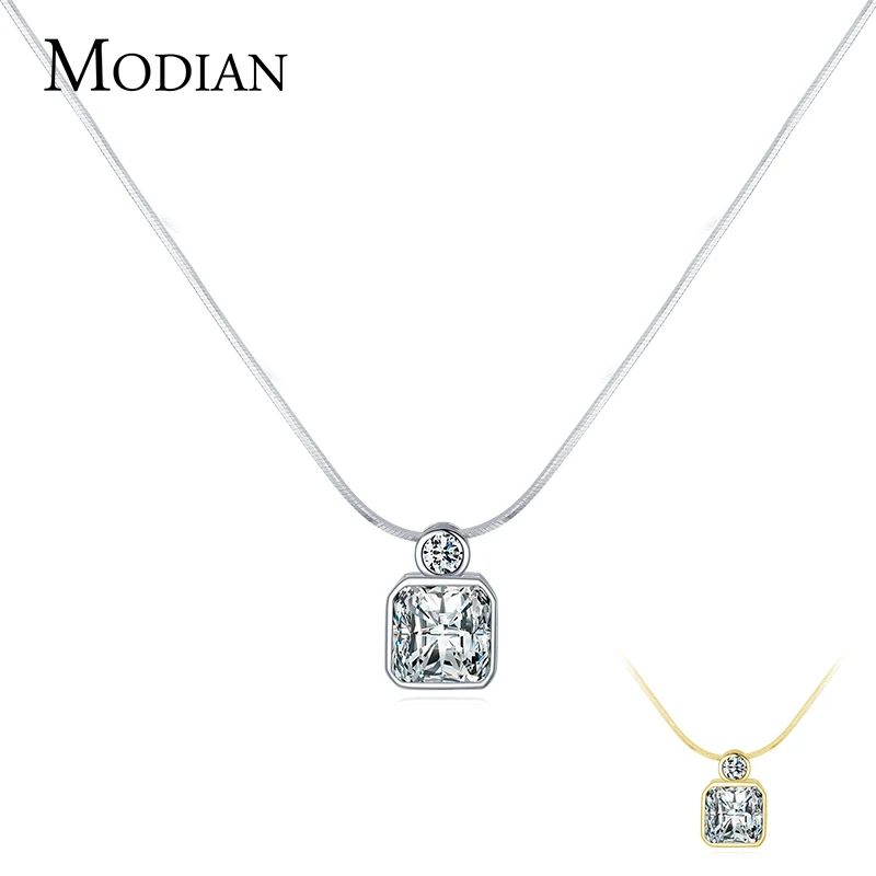 MODIAN New Dazzling Clear CZ Pendant 925 Sterling Silver Luxury Square Snake Chain Necklace For Women Wedding Gold Fine Jewelry