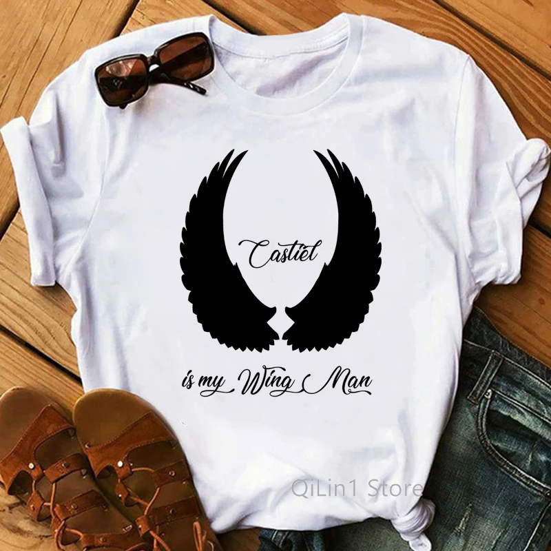 

Vintage Supernatural T Shirt Women'S Dean Sam Winchester Castiel In My Wing Man Print Carry On My Wayward Son Tshirts Female Top