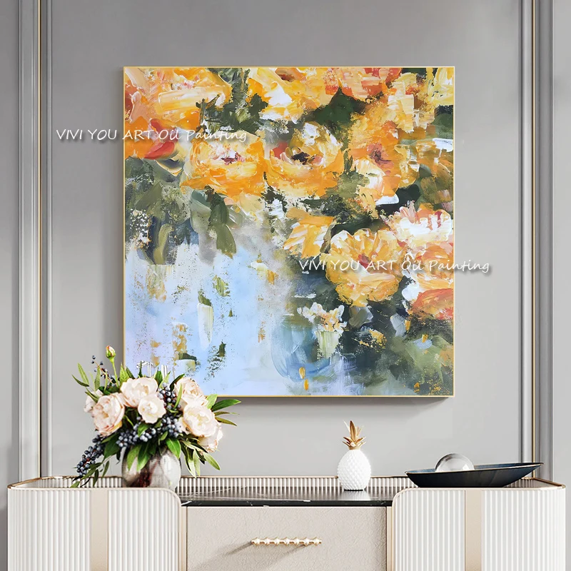 Palette Knife Hand Painted Abstract Yellow Poppy Oil Painting, Textured Floral Canvas Artwork for House Wall Decoration