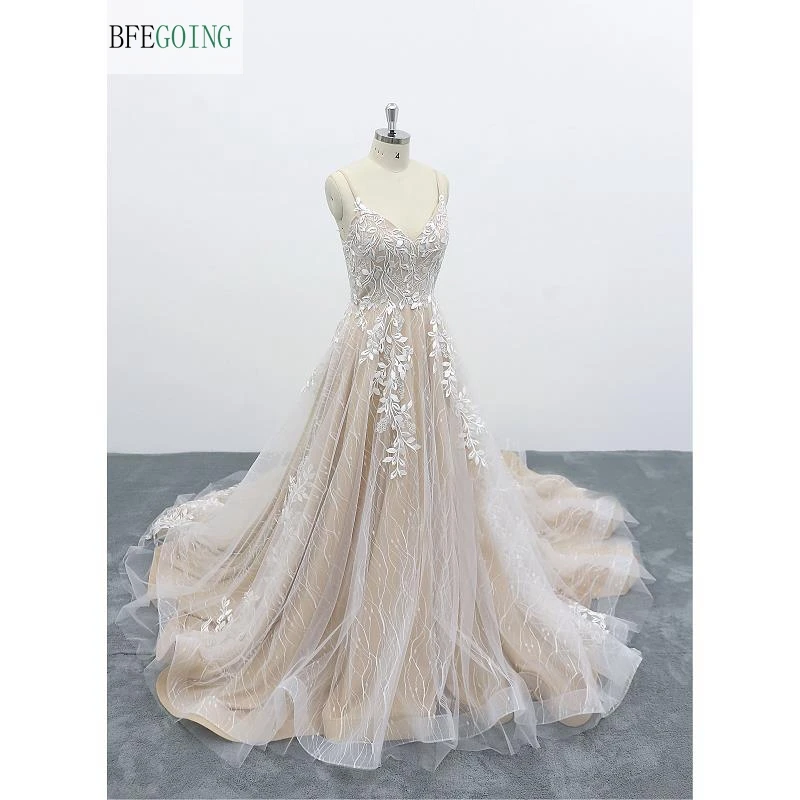 Vestido de novia de encaje con apliques de tul, tirantes finos, sin mangas, línea A, hecho a medida