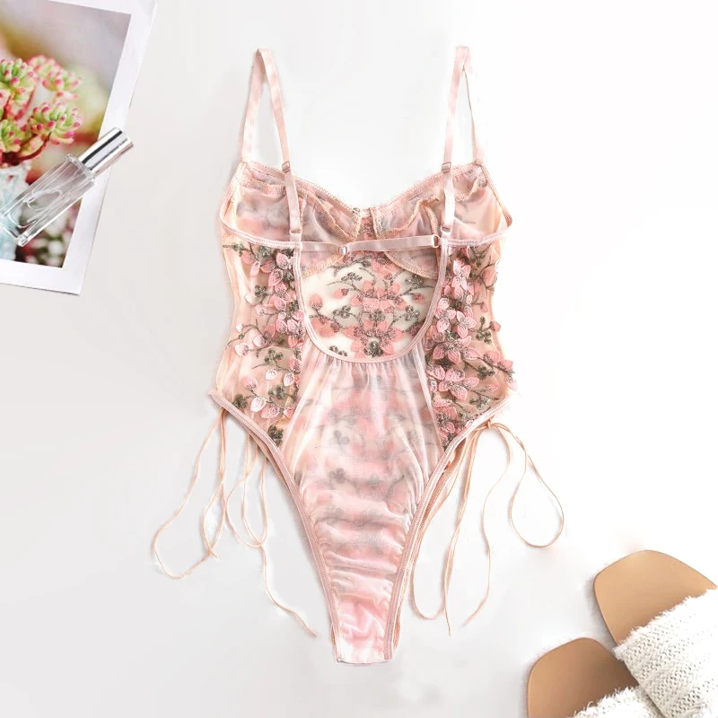 Women Teddy Lingerie Sexy Underwear Erotic Corset Lace Mesh Sleepwear Nightwear  Embroidered Strap One-Piece Pajamas