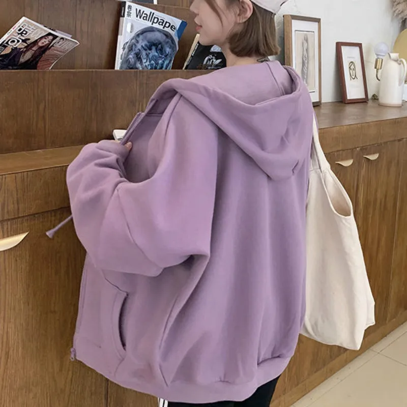 Jackets Women Solid Basic Hooded Drawstring Purple Loose Couple Boyfriend Harajuku Simple Classic Design Female Autumn Coats New