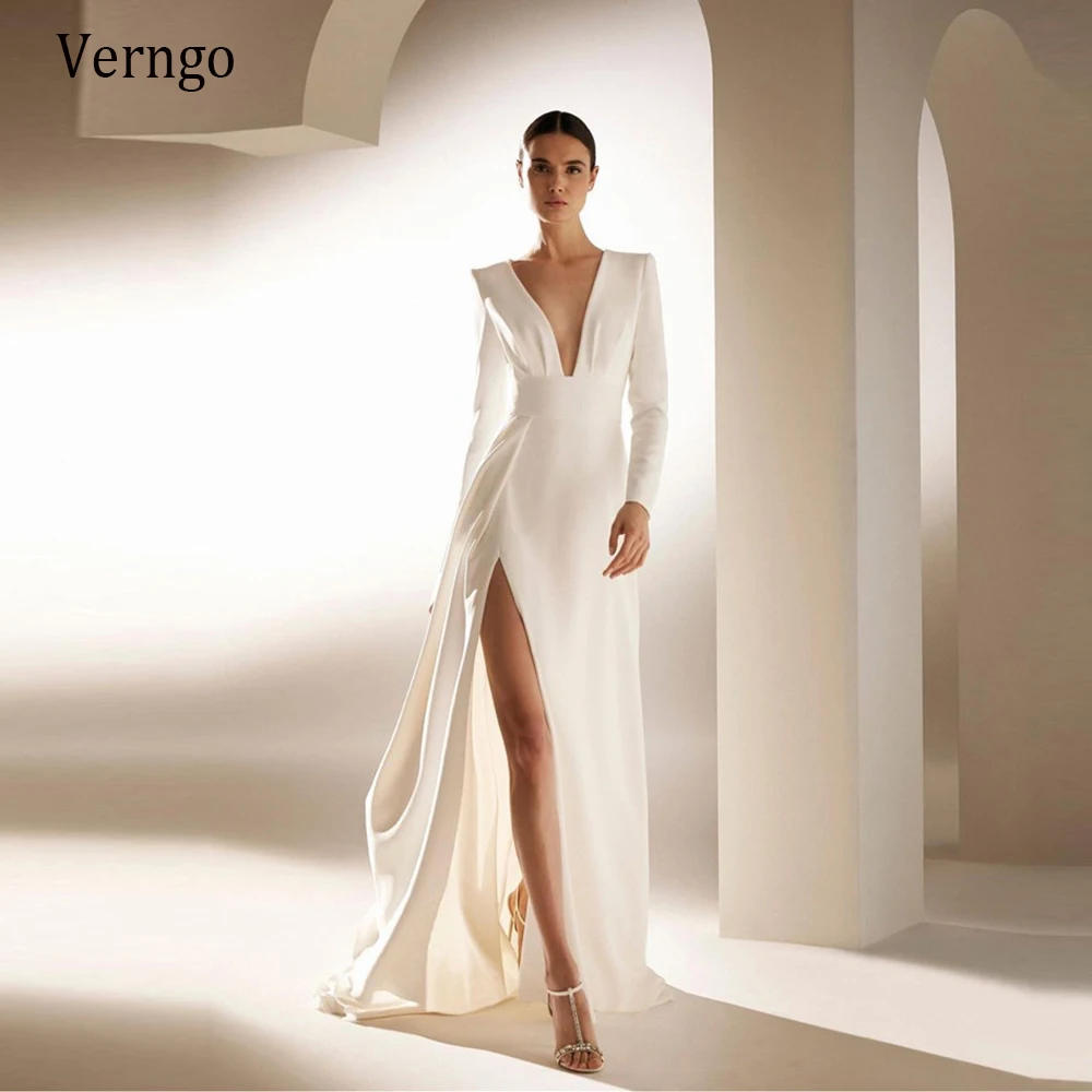 Verngo 2021 Gaun Malam Satin Lembut Gading Putih Sederhana Lengan Panjang V Leher Sisi Celah Wanita Modern Formal Gaun Pesta Kustom