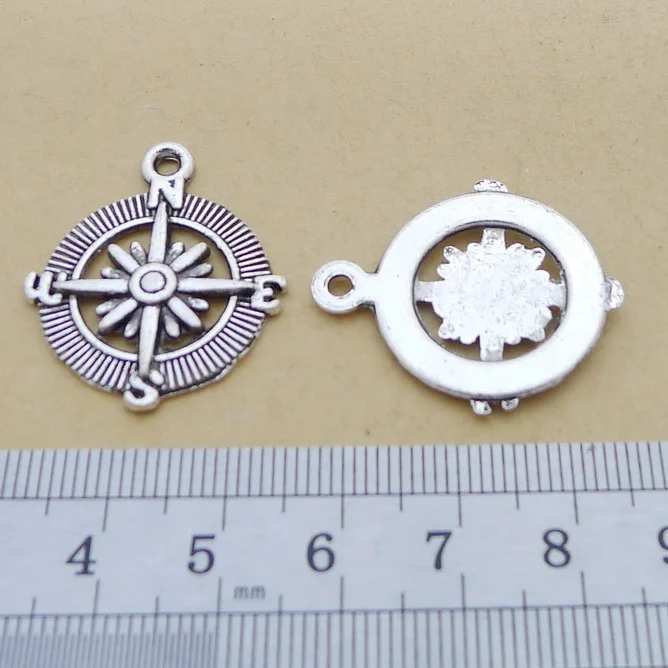 8pcs/Lot 25x30mm Compass Hollow Alloy Charms Antique Silver Color Pendants for DIY Jewelry Making Charm