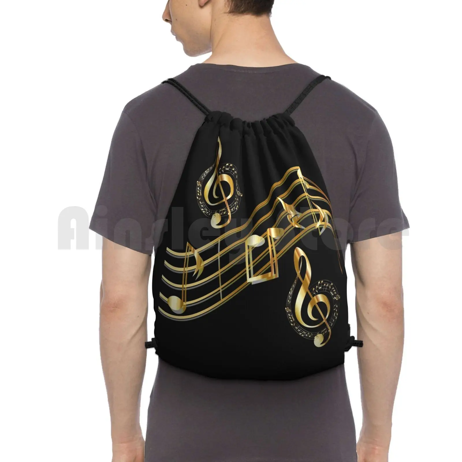 Music : Notes , Scale Backpack Drawstring Bags Gym Bag Waterproof Piano Bass Musician Clarinet Saxophone Flute Woodwind