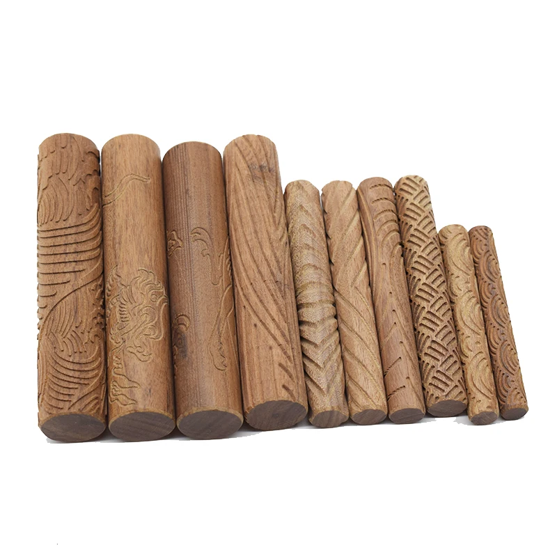 10 Pcs Ceramic Texture Mud Roller Wooden Dragon/phoenix Pattern Relief Hand Pressure Roller Polymer Clay Modeling Pottery Tools