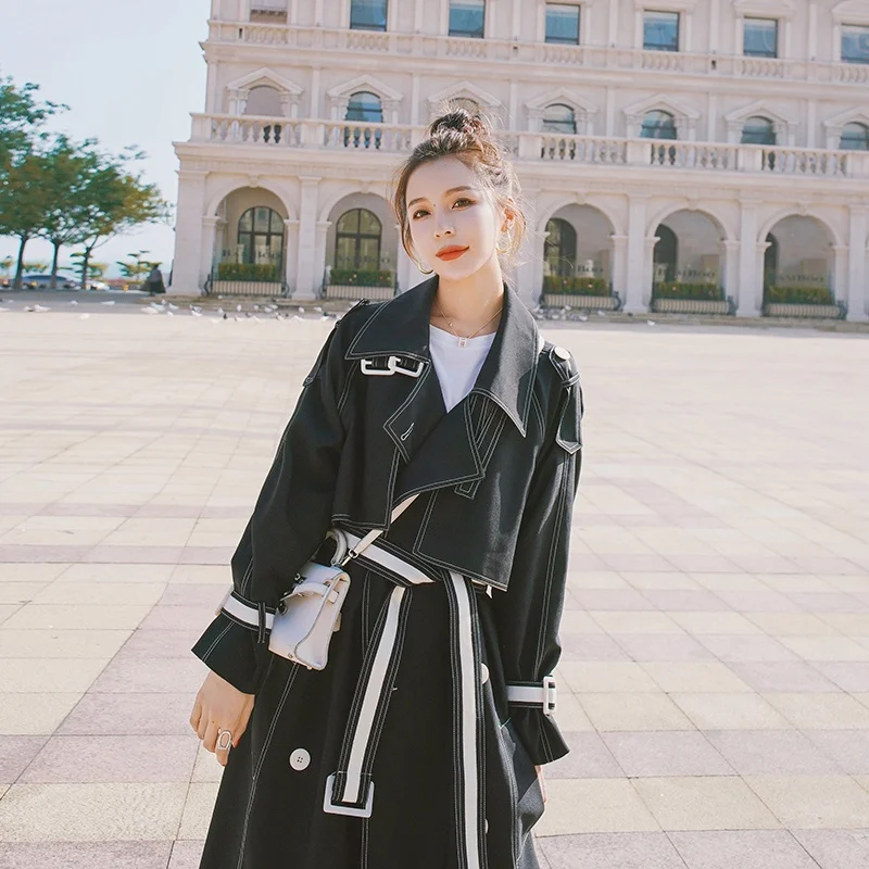 

Brand Pop European Style Women Trench Coat Lady Windbreaker with Belt Spring Fall Female Outerwear Black Burgundy Clothes