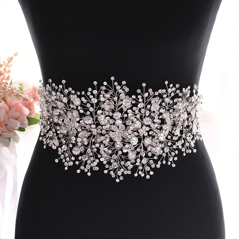 Luxe Bridal Bress Riemen Zilver Diamant Riem Bruid Strass Sjerpen Legering Bloem Riem Trouwjurk Accessoires