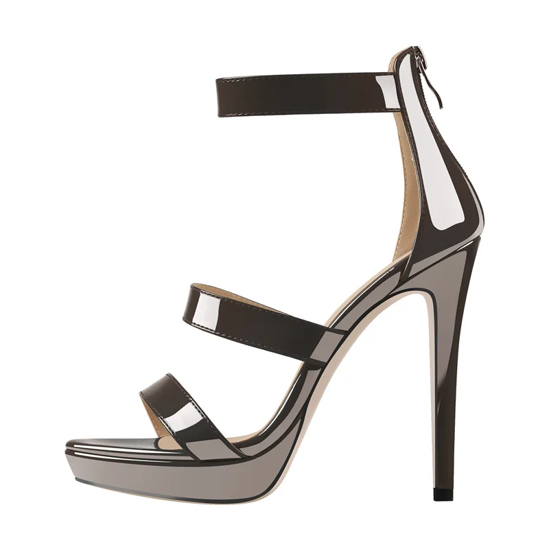 Onlymaker Women Platform Summer Sandals Patent Leather Narrow Cover Heel Thin High Heels Shoes Zipper Large Size Band Sandals