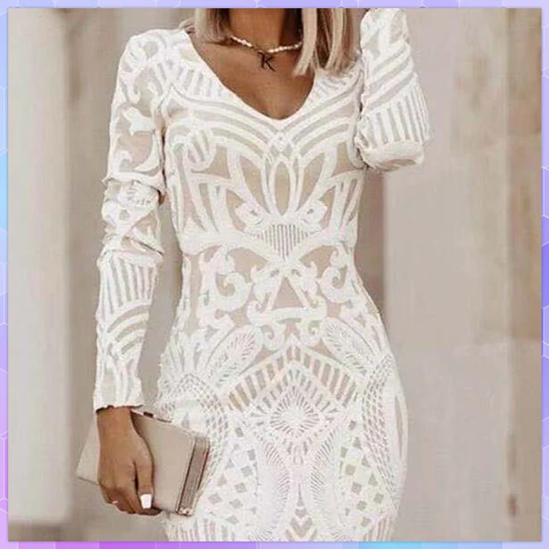 Elegant Dresses For Women White Bodycon Dress Vintage Sheath Long Sleeve Office Lady Vestidos Sexy Deep V-Neck Bag Hip Plus Size