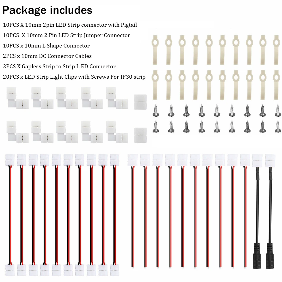 10mm 2Pin Connector Cable Accessories Kit 54PCS For 5050 5630 5054 10mm width PCB  Single LED Strip
